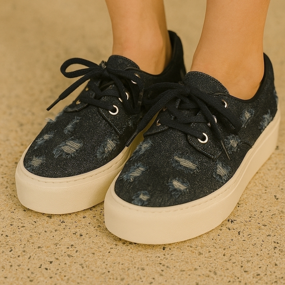 Attilio Giusti Leombruni Distressed Denim Tweed Platform Sneakers – US 7 – EUC